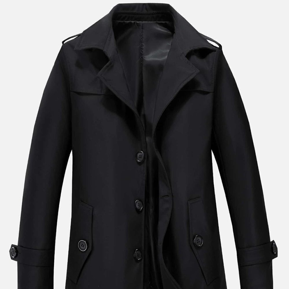 Black Preppy Mens Slant Pockets Button Up Trench Coat